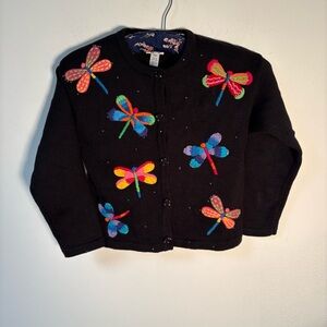 Vintage Talbots Kids EmbroideredDragonfly Cardigan Iridescent Buttons 7-8